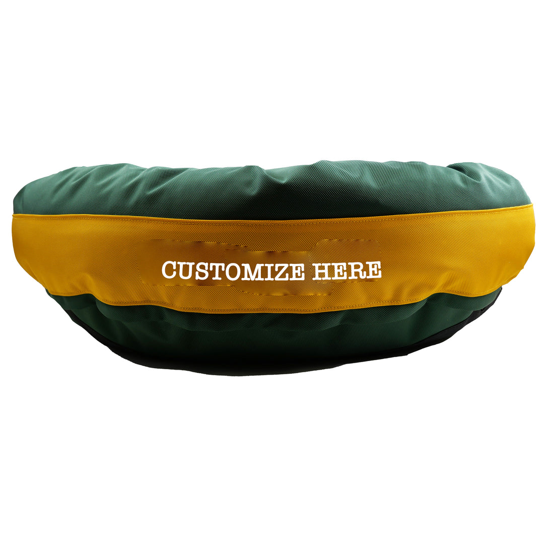 green and gold round bolster ged showing where to customize text
