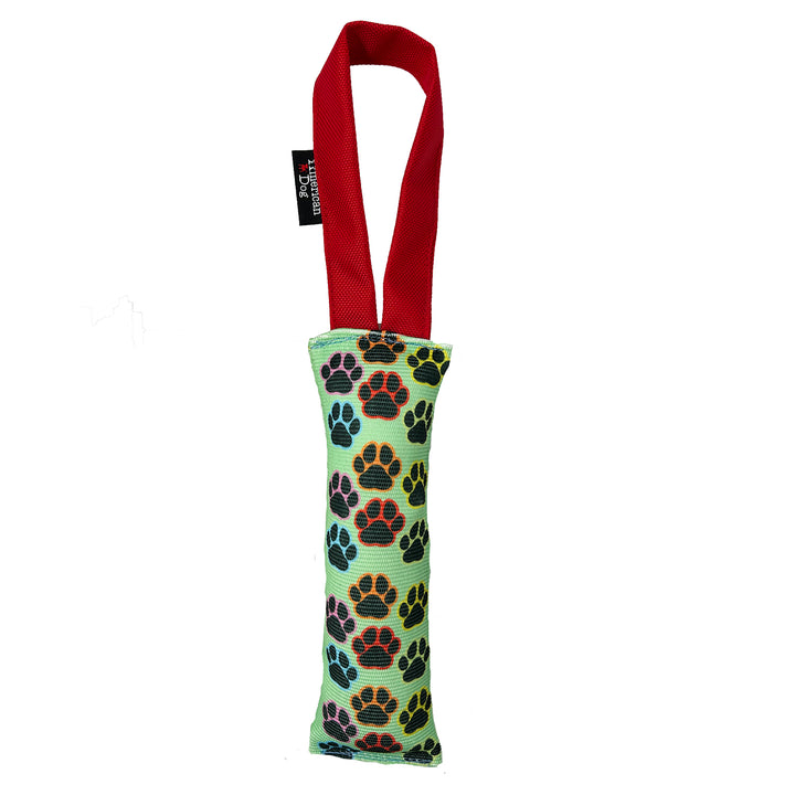 Light green Fire hose dog toy with a colorful  paw pattern and red handle
