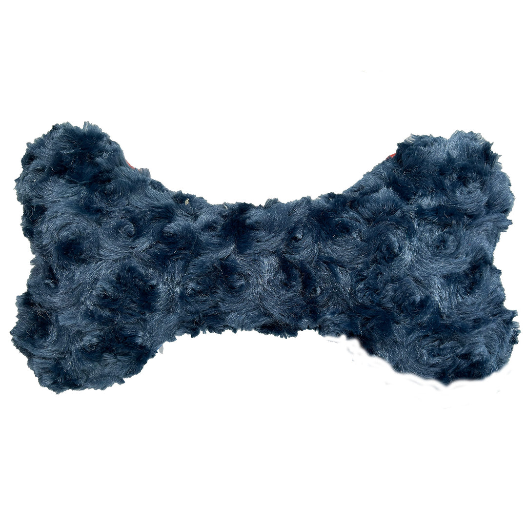 Blue fleecey bone-shaped plush toy on a white background