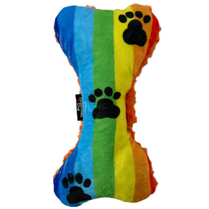 Bone shape dog toy with rainbow stripes and black dog paws.  Minky fleece front and back