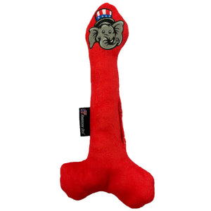 red dick shaped dog toy with an elephant cartoon face