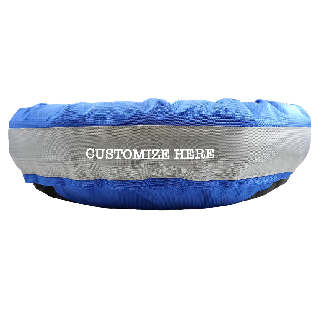 Blue and silver dog bed with are to show where to customize verbiage