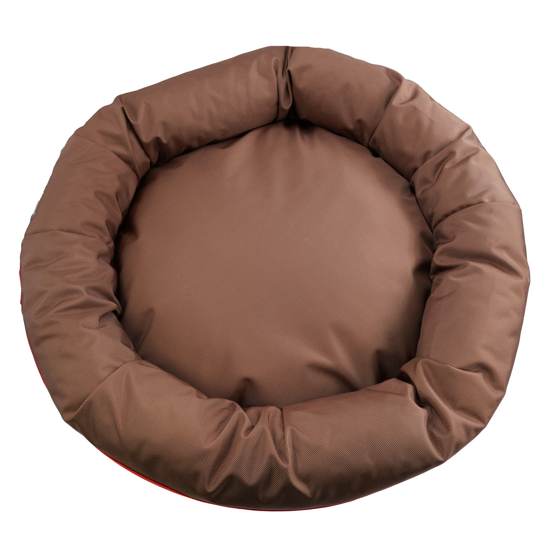Top view of a brown round bolstered dog bed.