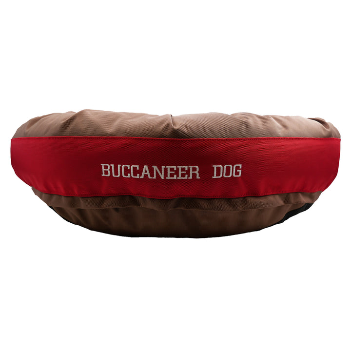 Brown and red dog bed with Buccaneer Dog embroidered in white