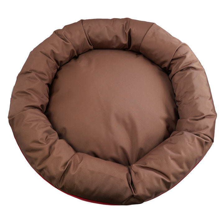 Top view of brown round bolstered dog bed