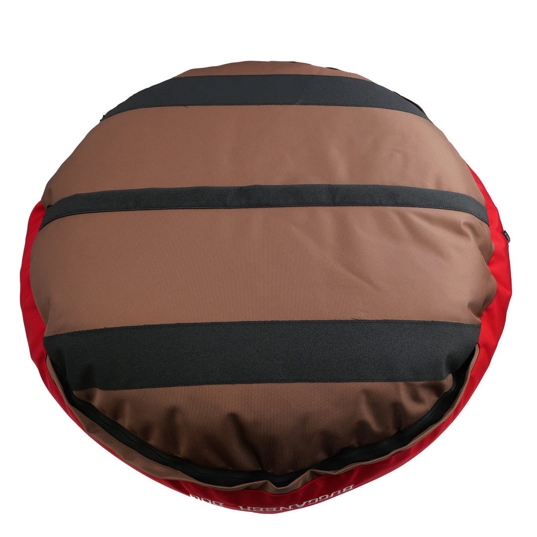 Bottom or brown and red dog bed with black stripes