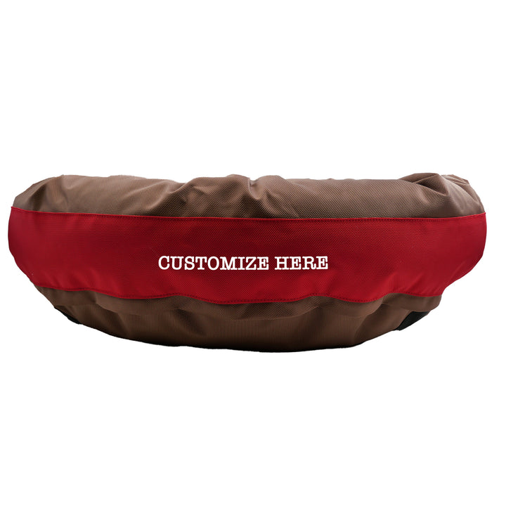 Round bolstered Brown and red dog bed with Customize Here embroidered in white