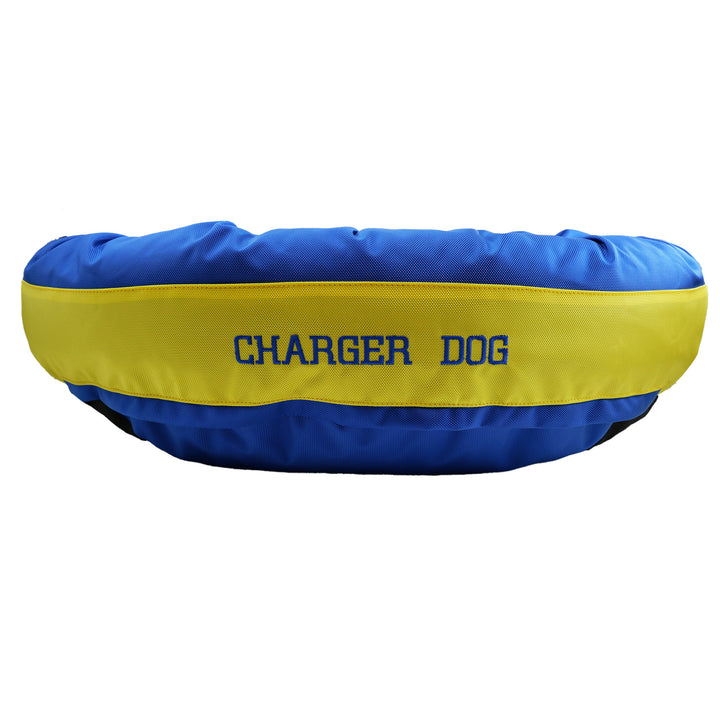 blue & yellow dog bed embroidered Charger Dog in blue