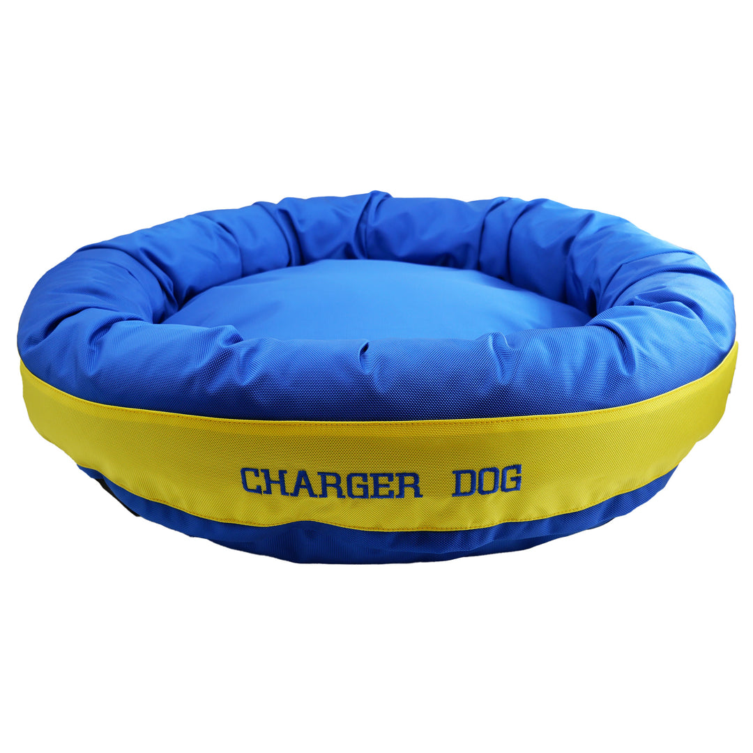 Round bolstered blue & yellow dog bed embroidered Charger Dog in blue