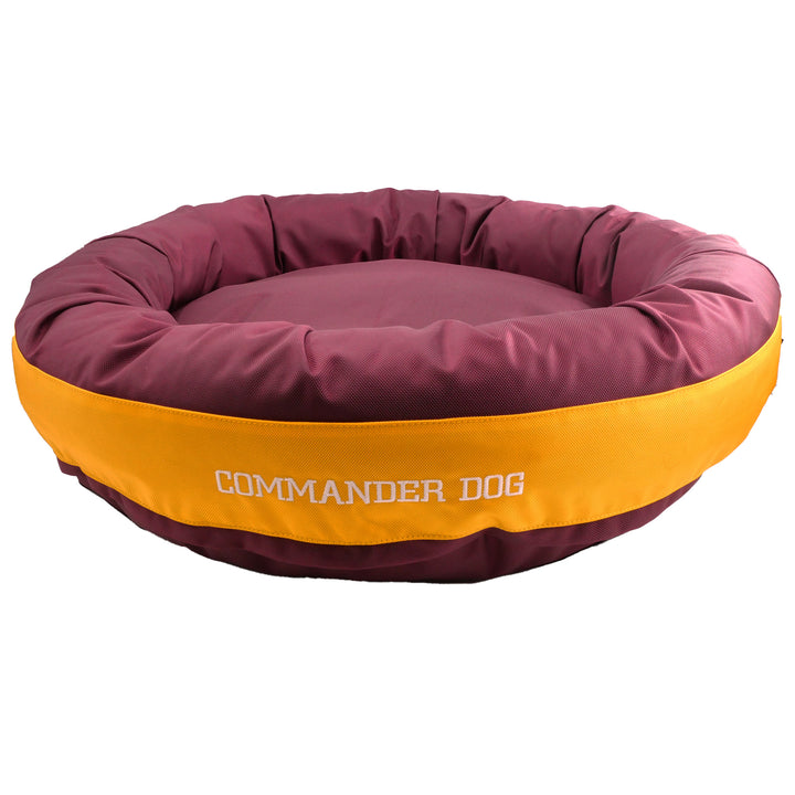 Round Bolster Maroon and gold dog bed with Commander Dog embroidered in white