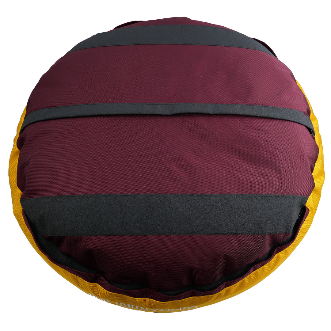 Bottom of dog bed maroon with black strips