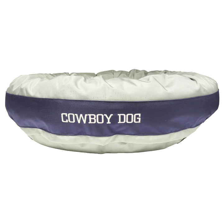 Silver and Blue dog bed with' cowboy dog' embroidered