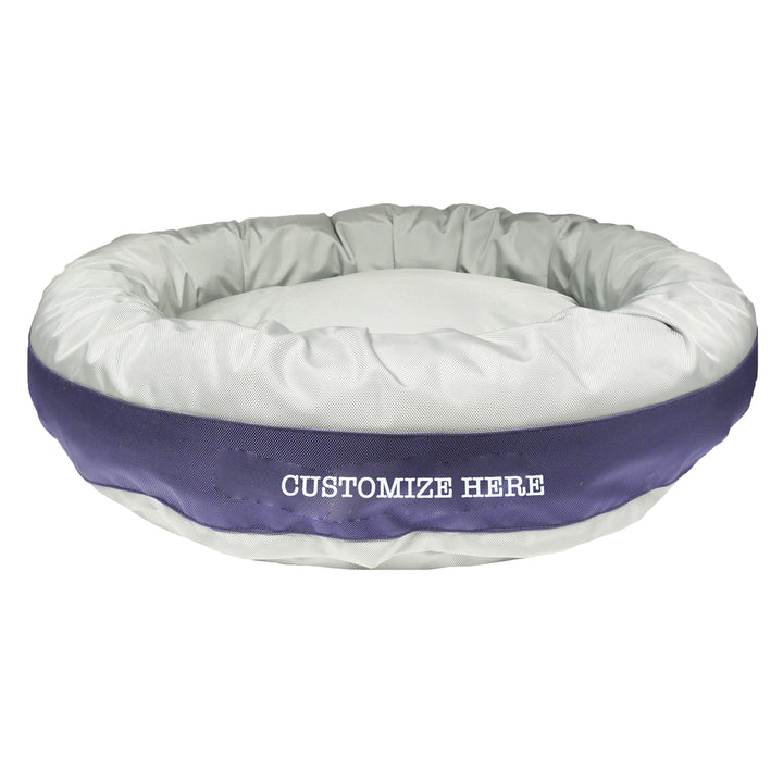 Silver and Blue dog bed with 'customize here' embroidered