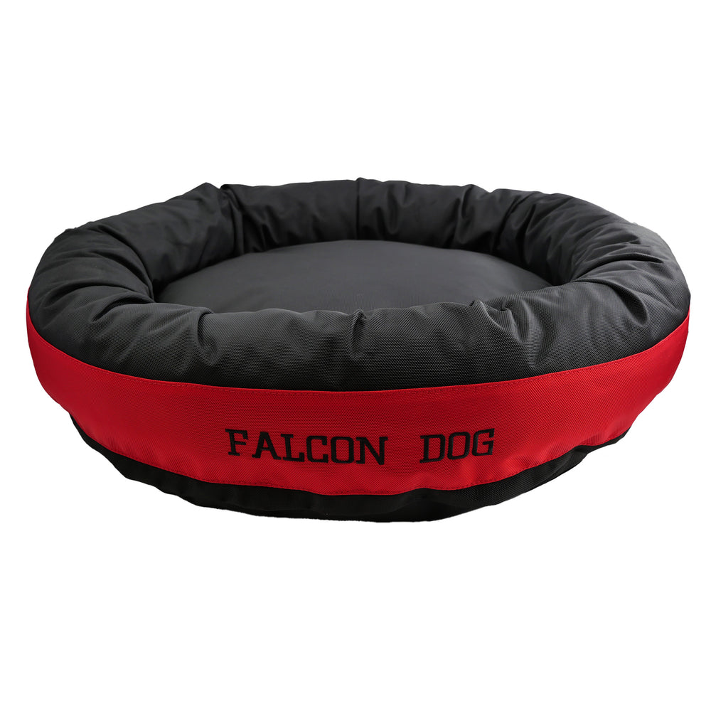Round bolstered Black and red dog bed with Falcon Dog embroidered in black