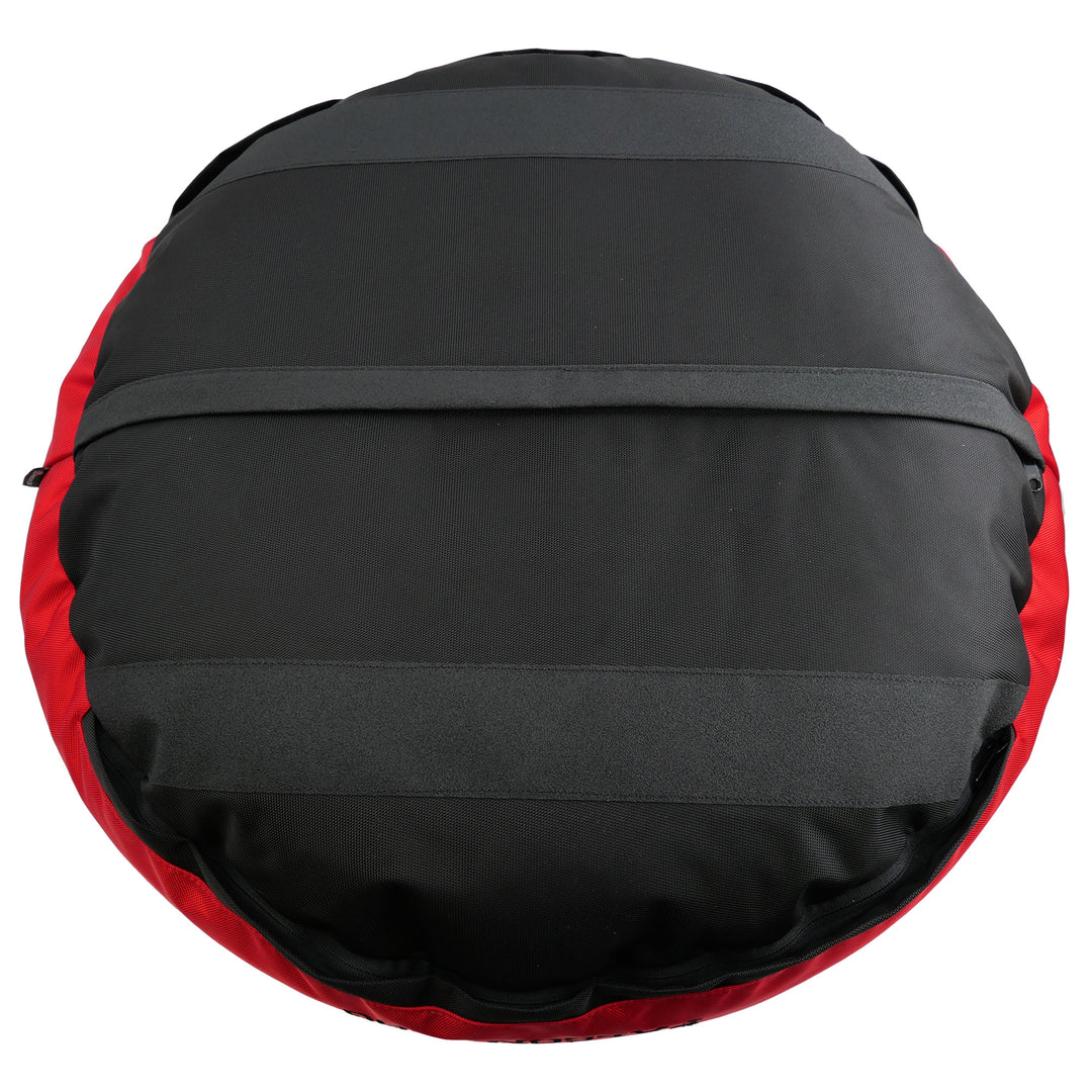 Bottom view of black and red dog bed with black strips