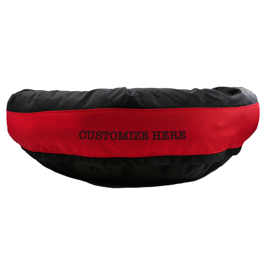 Black and red dog bed with Customize Here embroidered in black