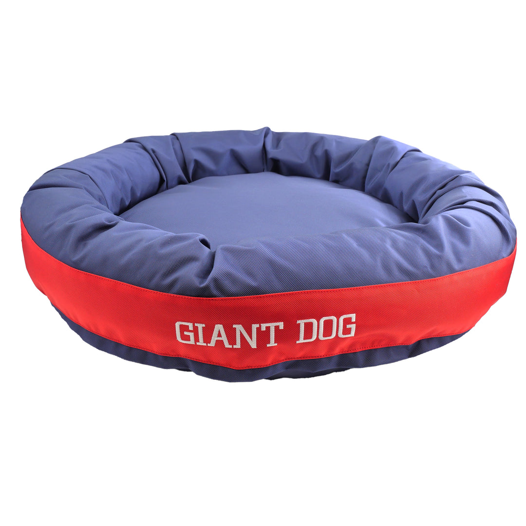 Blue and red bolstered dog bed with Giant Dog embroidery