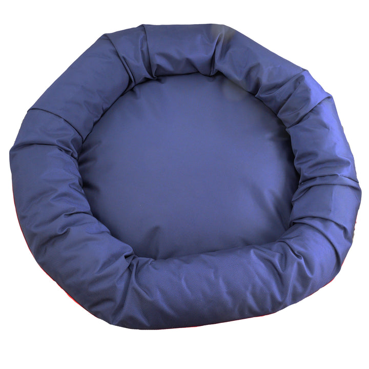 top view of round, blue dog bed