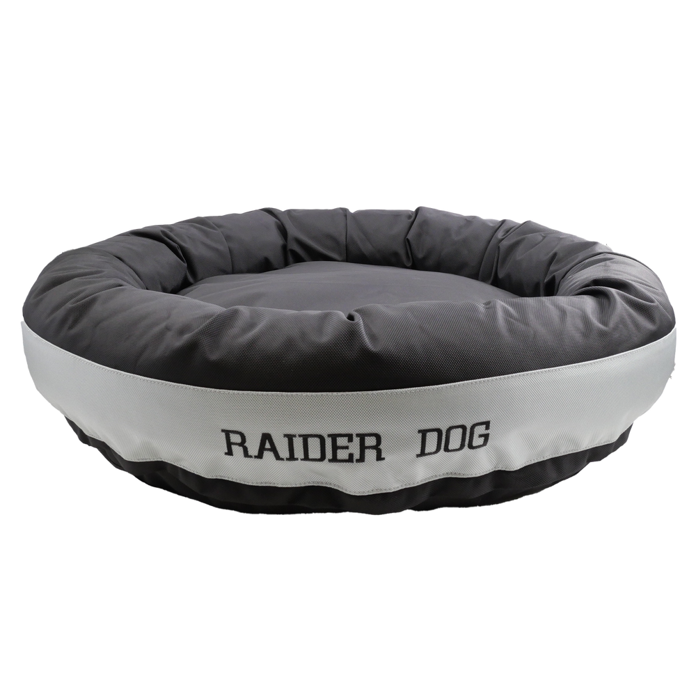 Black round bolstered dog bed with a silver band and black embroidered 'Raider Dog'.