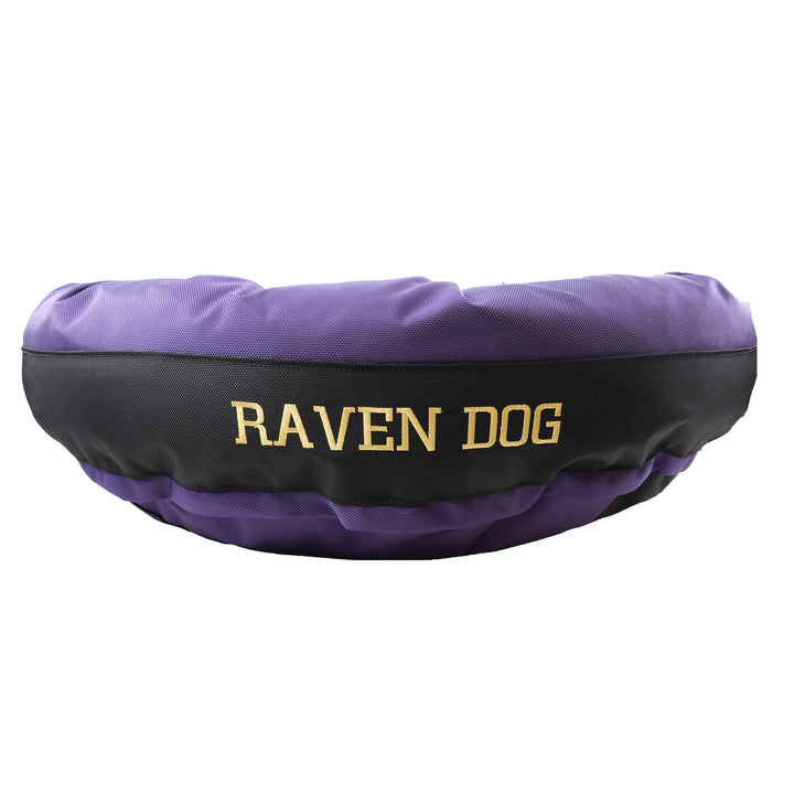 Purple and Black dog bed with embroidered "raven Dog' in gold
