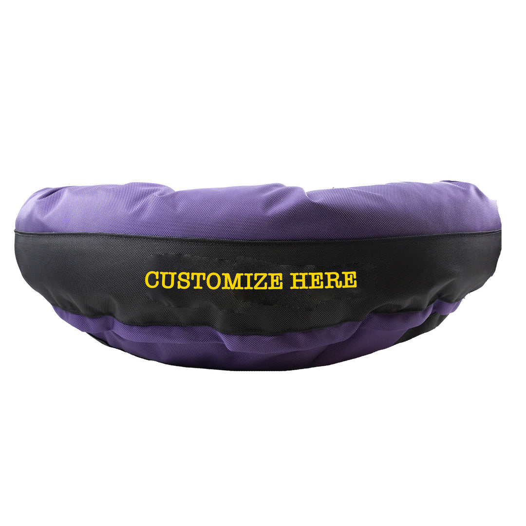 Side view of purple and black dog bed to show where to customize verbiage