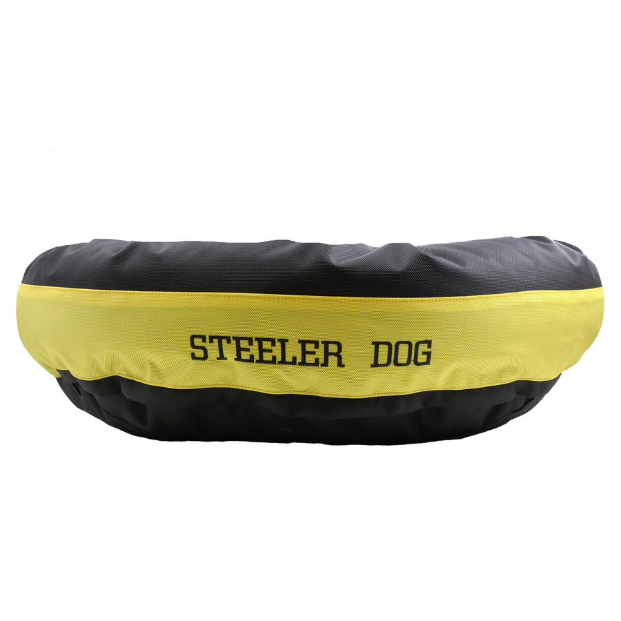 Black round bolstered dog bed with  a yellow band and black embroidered 'Steeler Dog'.