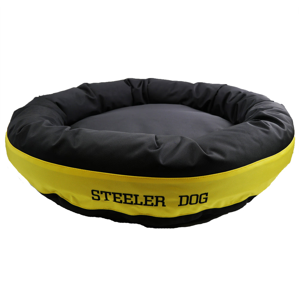 Black round bolstered dog bed with a yellow band and black embroidered 'Steeler Dog'.