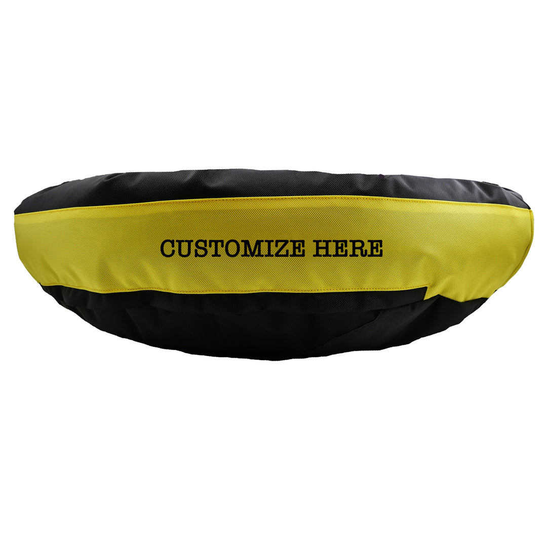 Black round bolstered dog bed with a yellow band and black embroidered 'Customize Here'.