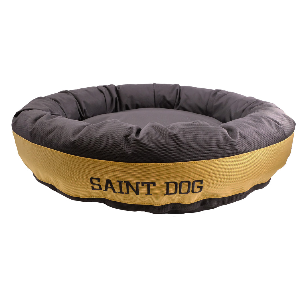 Round bolstered Black and Gold Dog bed with Saint Dog embroidered in black