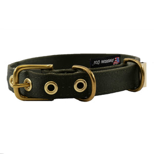 Olive colored seatbelt dog collar with brass hardware