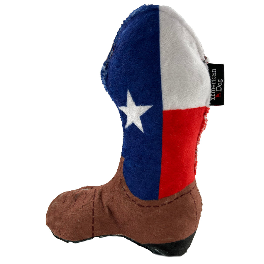 cowboy boot dog toy with the Texas Flag image on upper boot