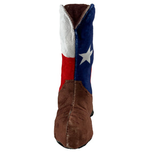 front view of a cowboy boot dog toy with the Texas Flag image on upper boot