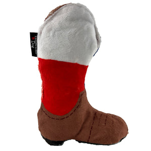 cowboy boot dog toy with the white and red stripes of the Texas Flag image on upper boot