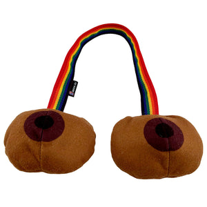 brown boob shaped dog toy with a rainbow web connector