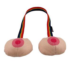 pink boob shaped dog toy with a rainbow web connector