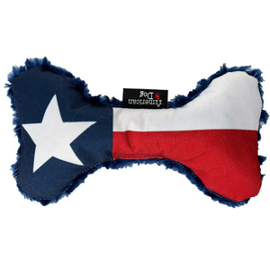 Bone shaped dog toy with Texas flag image of blue with white stare and red & white stripe