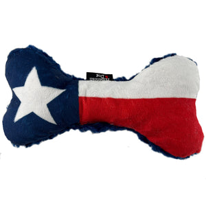Bone shaped dog toy with Texas flag image of blue with white stare and red & white stripe