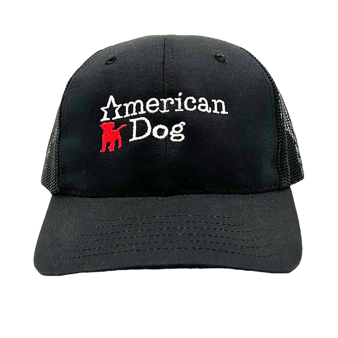  black trucker hat with American Dog logo