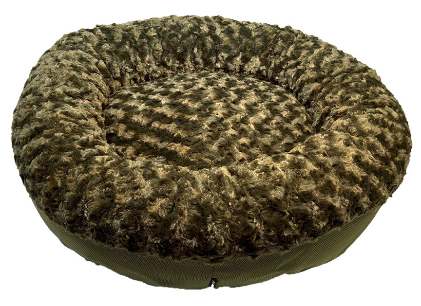 Round fuzzy olive bolster bed top view