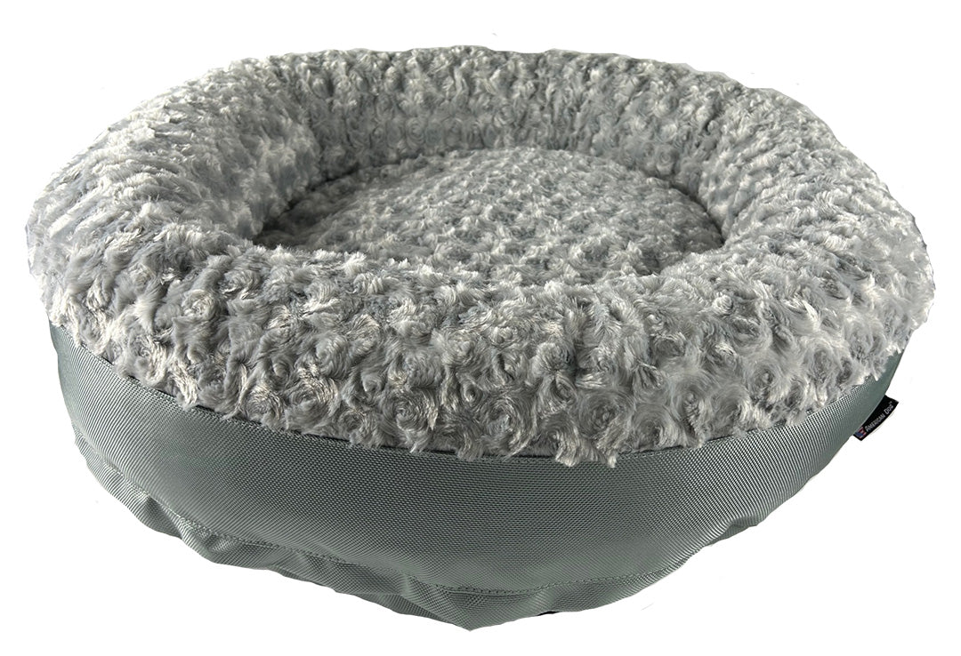 Round fuzzy silver bolster bed front view