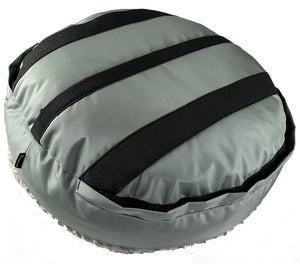 Round  silver bolster dog bed bottom showing grip strips