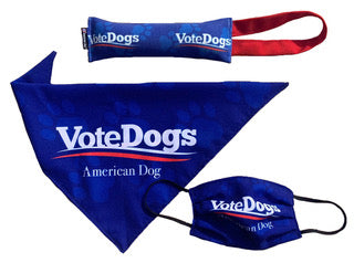 Vote dog firehose toy, bandana, and mask