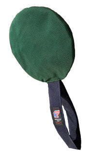 Green and black disc dog toy with handle