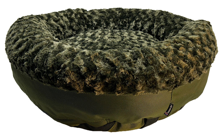 Round fuzzy olive  bolster bed front view