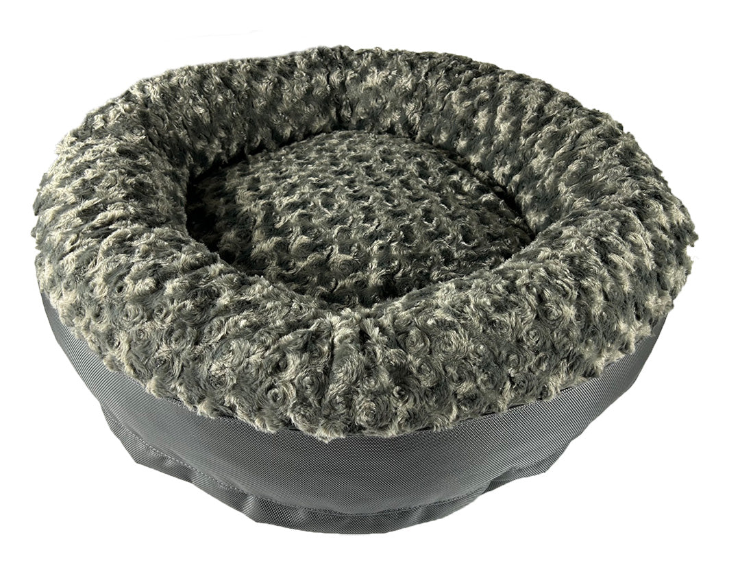 Round fuzzy charcoal bolster bed front view